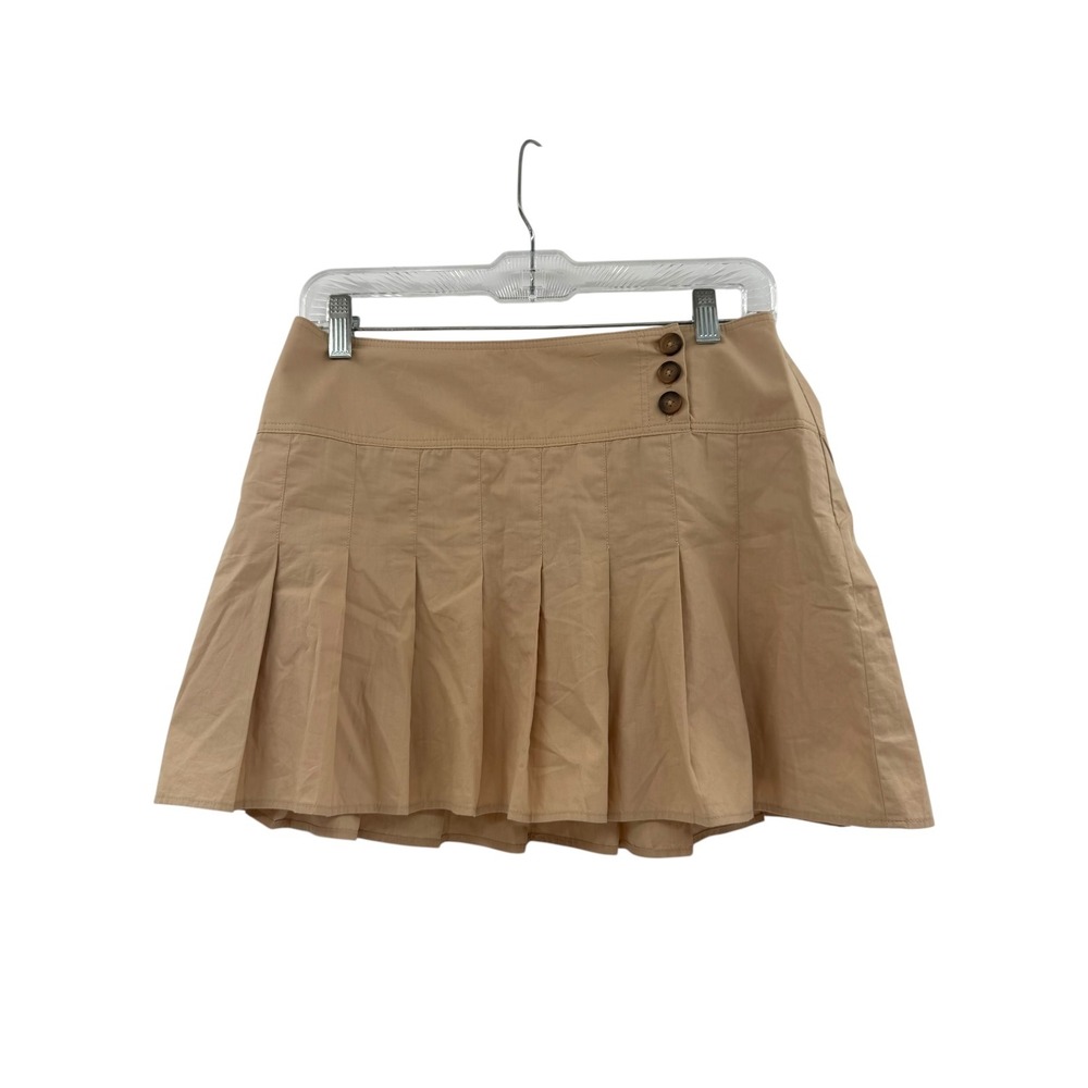 Anthropologie Tan Khaki Pleated Mini Skirt Side Button Cotton Size 2